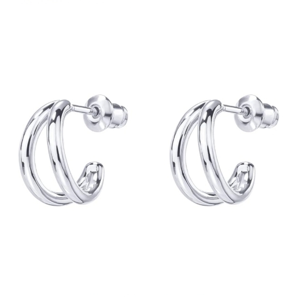 14K Gold Plated Sterling Silver Split Hoop Huggie Earrings White Gold - Picture 2 of 6